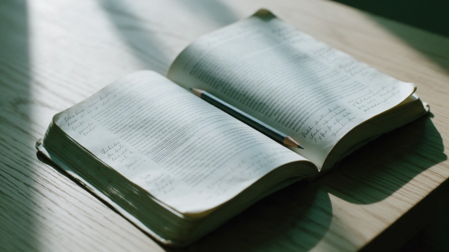 An open, well-read book with handwritten pencil notes in its margins